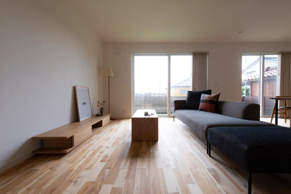 インナーガレージのある広いリビングと芝生の家