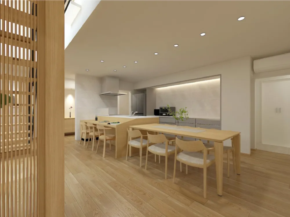 キッチンカウンターと横並びのダイニング