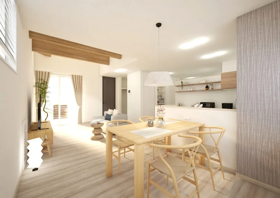 存在感のある梁がアクセントになり、空間をより高く、広く感じさせてくれます