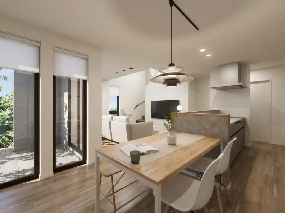 キッチンからリビングまで一直線に見渡せるため、家事をしながらでも家族とのつながりを感じれます。