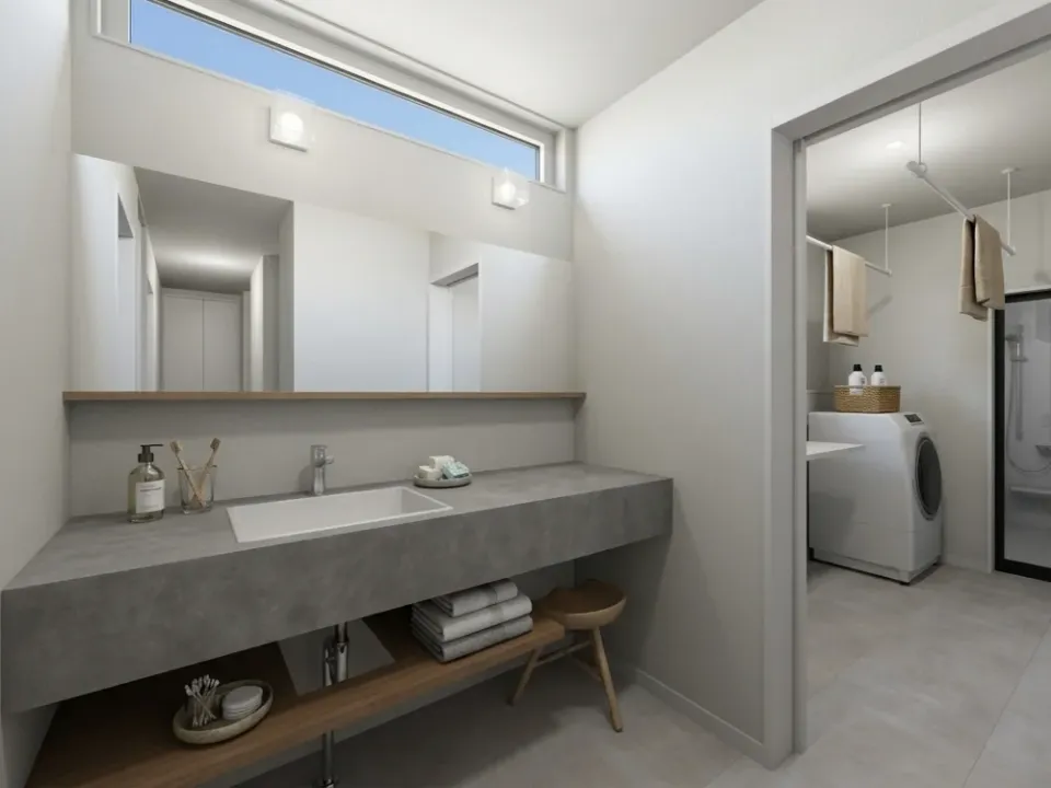 洗面スペースのすぐ横に脱衣室を配置することで、「脱ぐ・洗う・身支度」の動線を最短に。