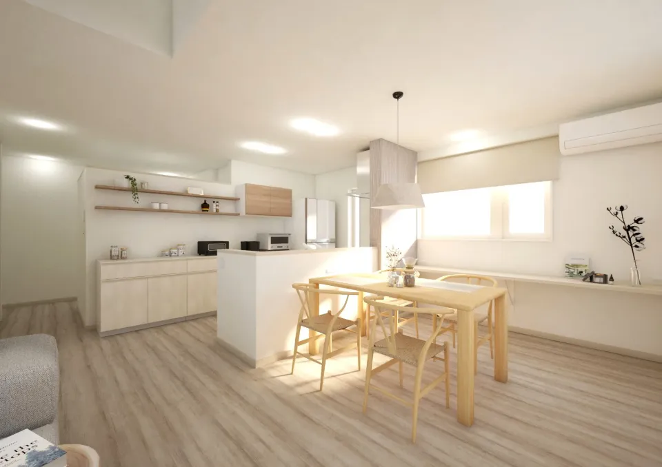 キッチン背面にはお気に入りの小物を飾れるオープンシェルフを設け、自分らしい空間づくりを楽しめます