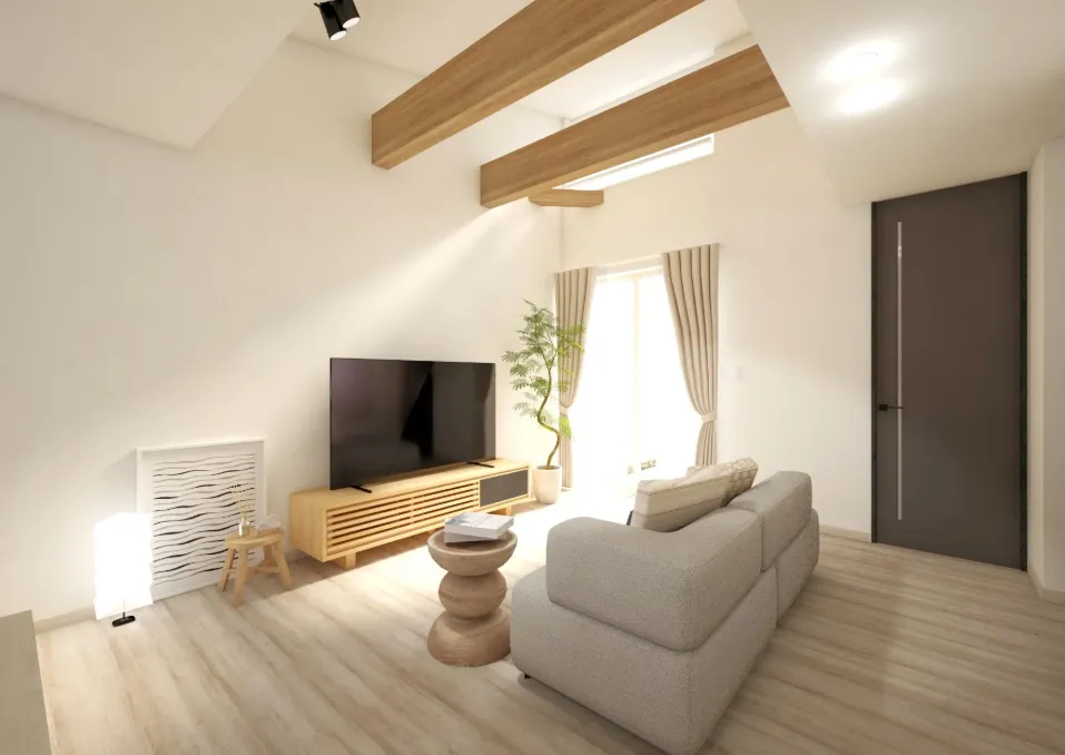 奥行きと開放感のある「勾配天井」仕様のリビング