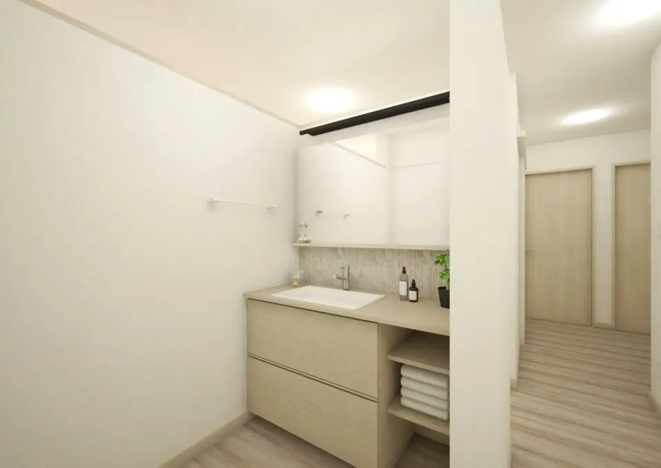 アイカ工業製のステキな造作洗面台を採用