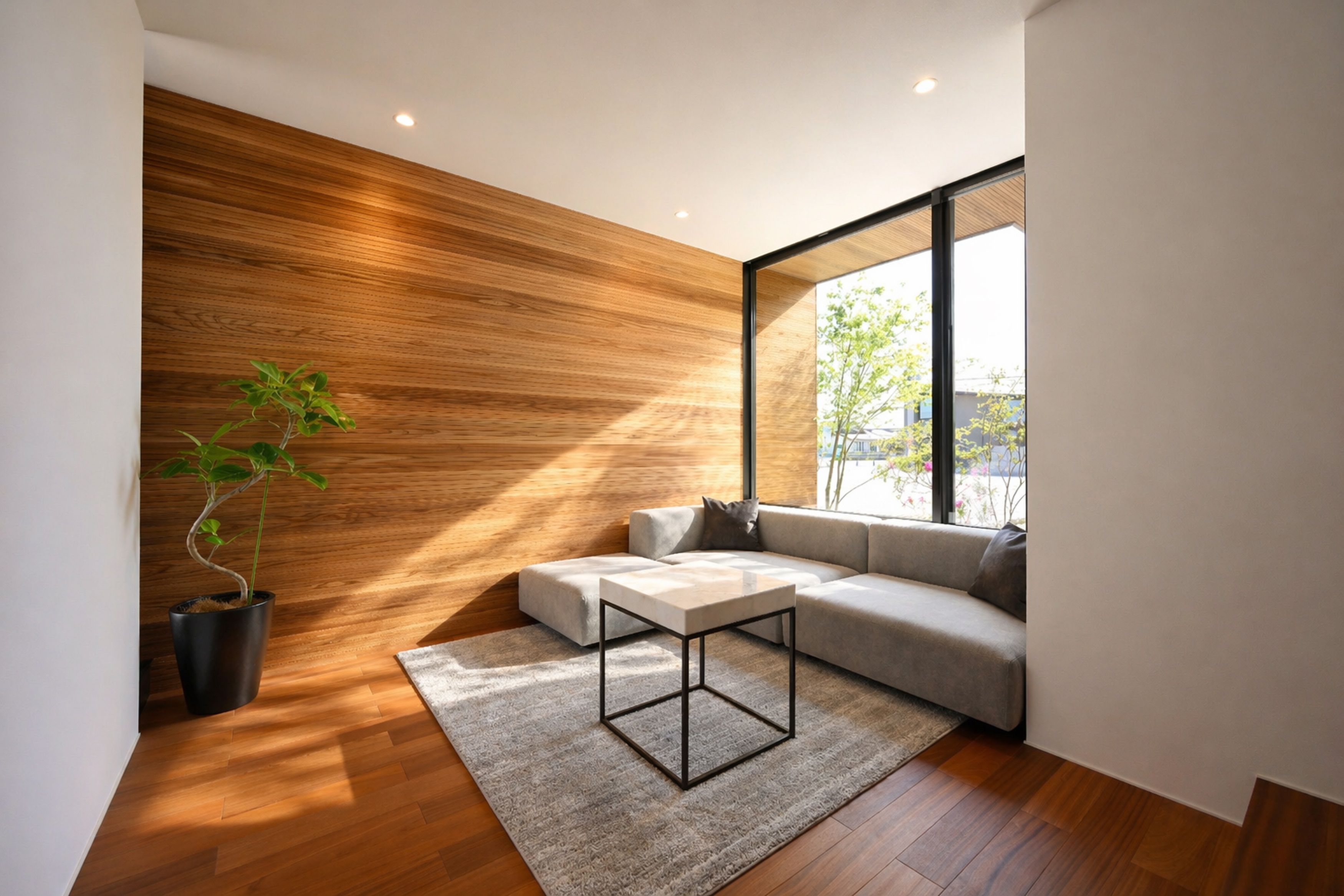 一段下げたリビングが、 落ち着きと広がりを生む。